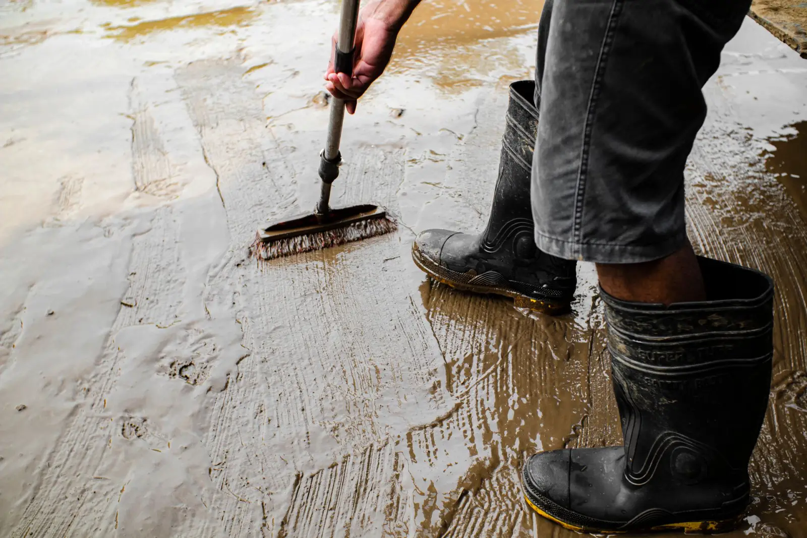 Worker in rubber boots working a broom across a wet concrete floor surface